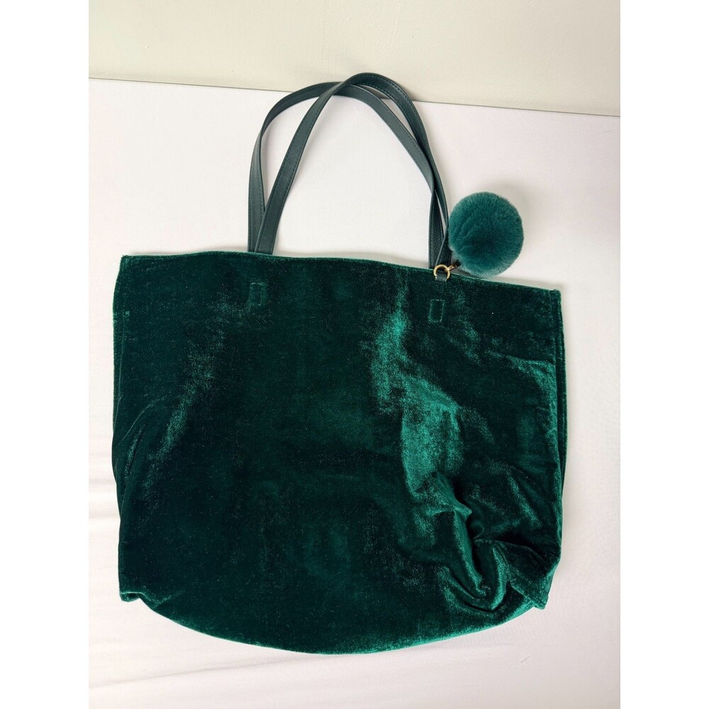 Emerald Green Velvet Tote Bag Pom Pom Charm Faux Leather Handles 19 Inch